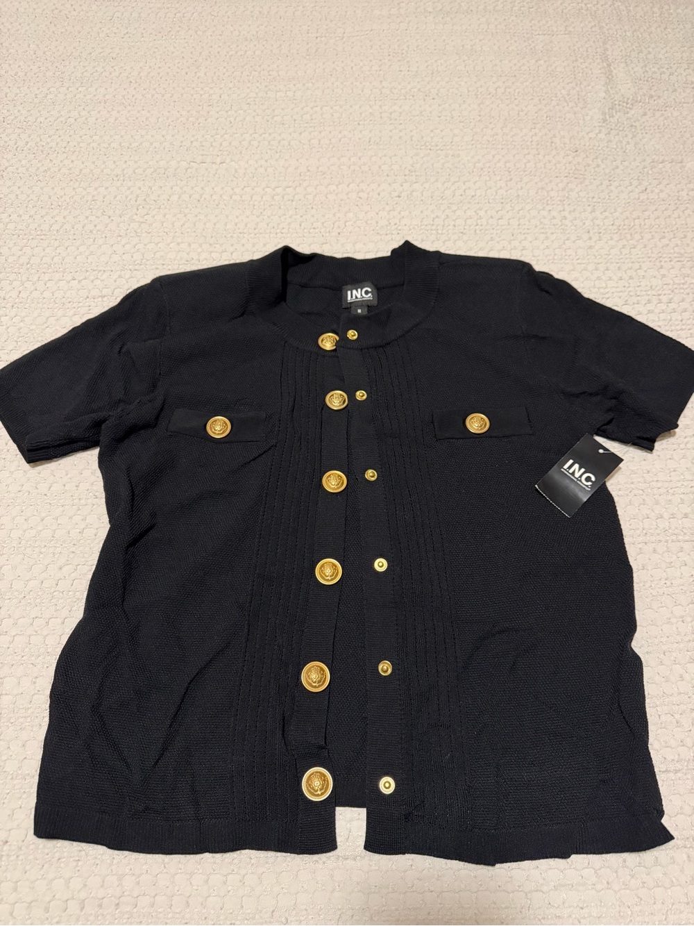 INC International Concepts Black Knit Short-Sleeve Cardigan with Gold Buttons
